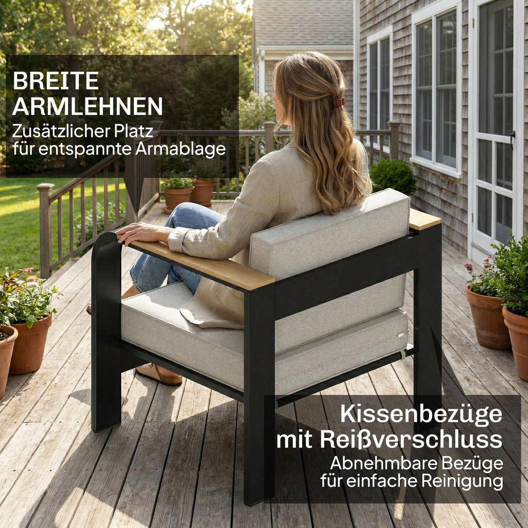 Havemøbelsæt, ekstra dybe sæder, med 2-personers sofa, 2 lænestole, WPC lamelbord, aluminiumsstel, beige
