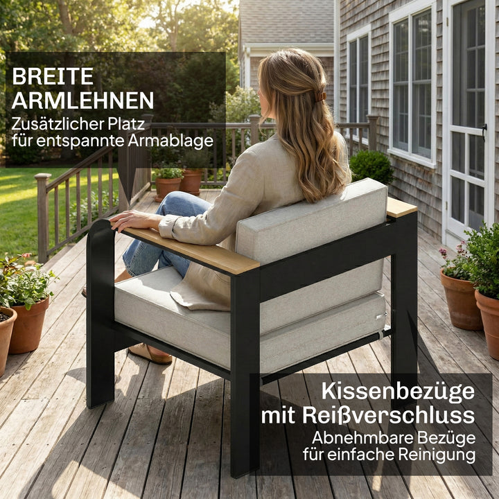 Havemøbelsæt, ekstra dybe sæder, med 2-personers sofa, 2 lænestole, WPC lamelbord, aluminiumsstel, beige