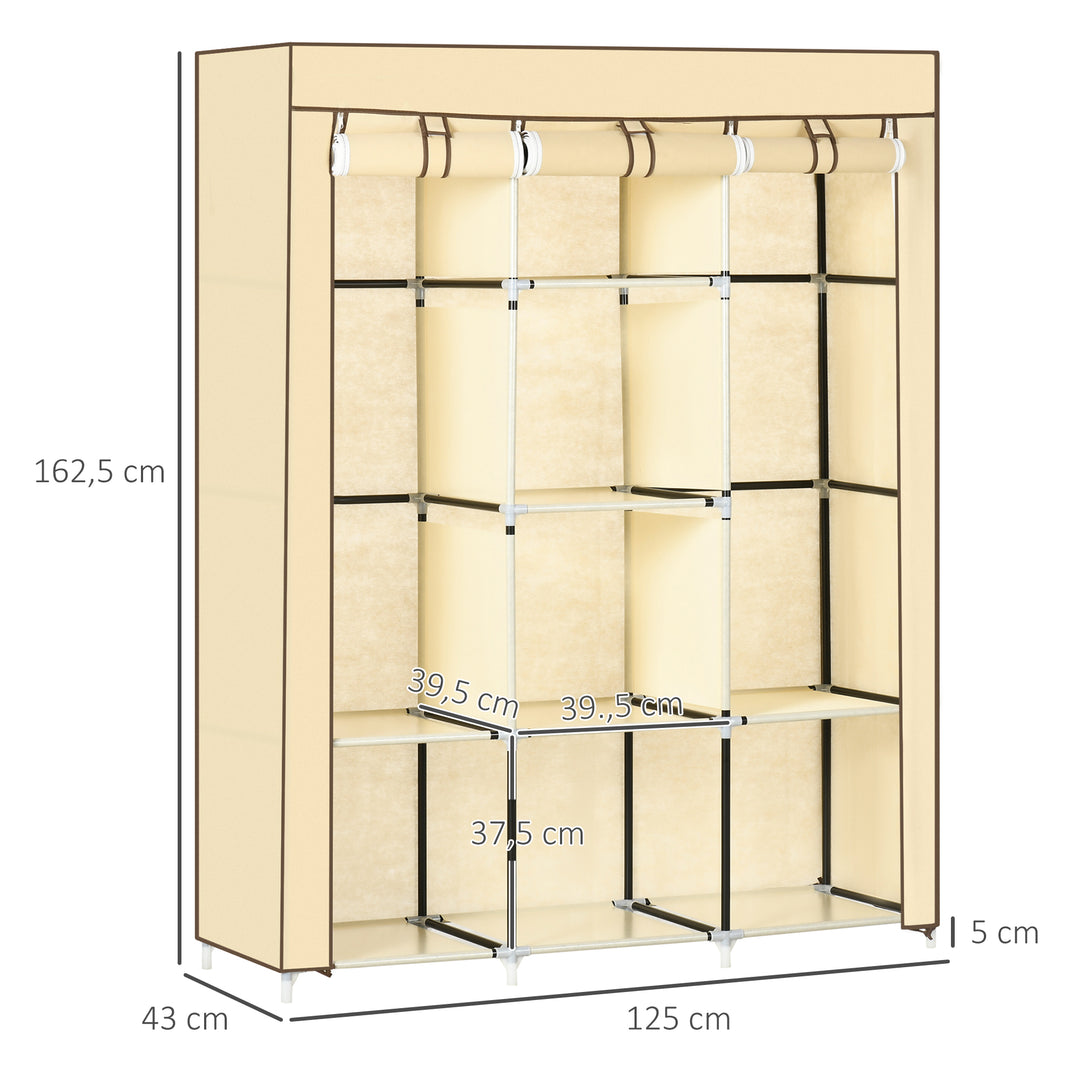 Stofgarderobe, opbevaringsløsning, 8 hylder, 2 garderobestativer, beige