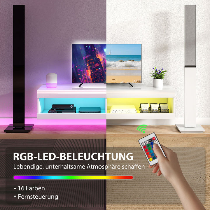 TV-skab, vægmonteret TV-lavbord med RGB LED-belysning i 16 farver, TV-bord med åben opbevaringsplads, til 55-60 tommer TV, til stue, soveværelse, 140 x 40 x 30 cm, hvid højglans