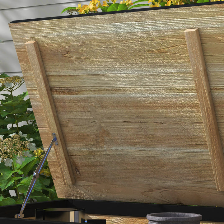 Haveopbevaringskasse, 121 liter, 2 hjul, vejrbestandig, metalhængsler, naturtræ, 100x50x43 cm