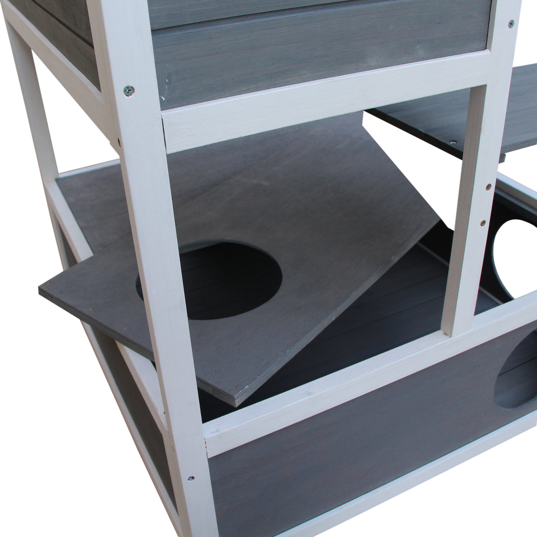 Kattehus, grantræ, udendørs kattehus med terrasse, kattehule, 4 etager, kattevilla med trapper, asfalttag, vintersikkert, smådyrshus, grå, 75,5 x 75 x 137 cm
