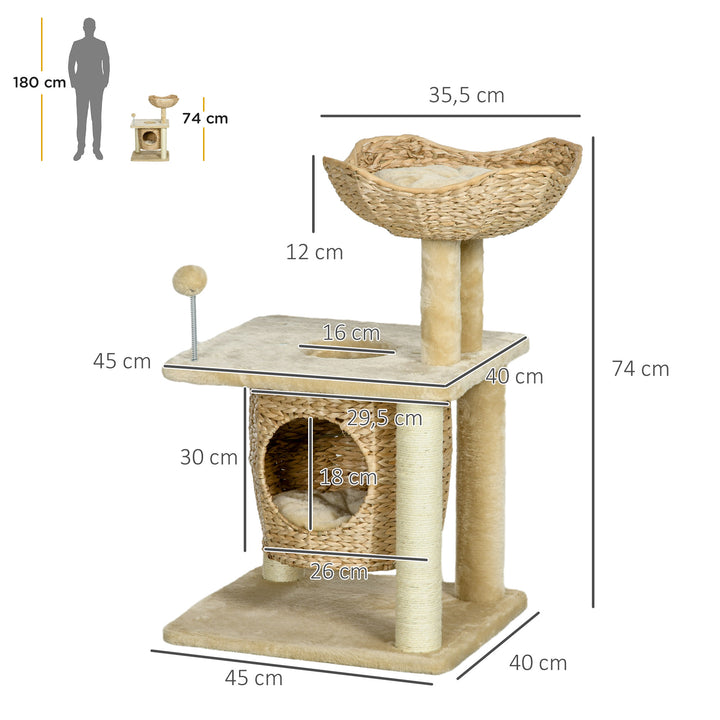 Kradsetræ med kattehule, liggeplads, legebold, 45x40x74cm, beige