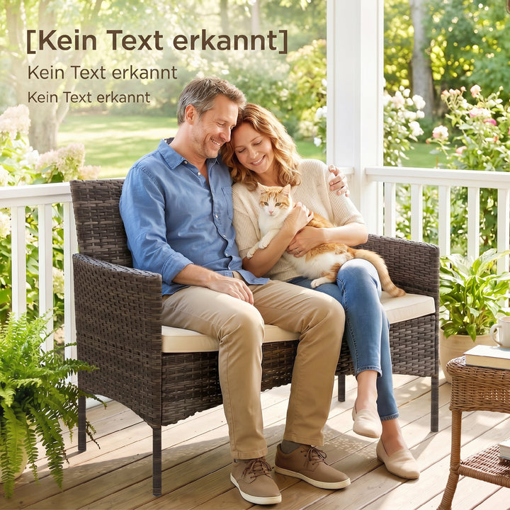 2-personers havesofa i rattan, PE-rattan udendørs terrassesofa med hynder, skridsikre måtter, stålstel, khaki