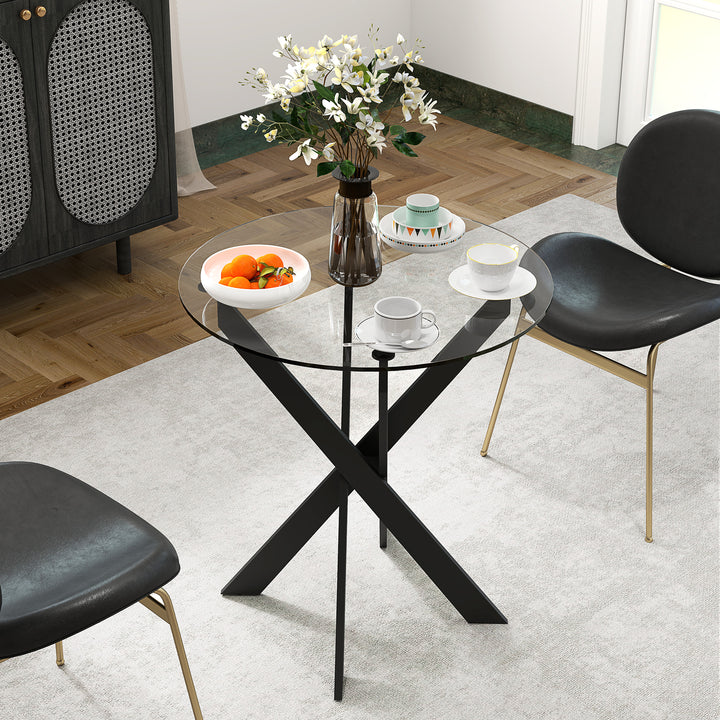 Moderne glas spisebord, 70 cm diameter, køkkenbord med hærdet glasplade og metalben, til 4 personer