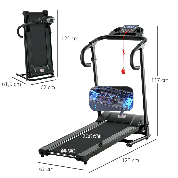 Elektrisk løbebånd, foldbart, med LCD-display, hastighed 0,8-10 km/t og 3 programmer, effekt 500 W, 123 x 62 x 117 cm, sort