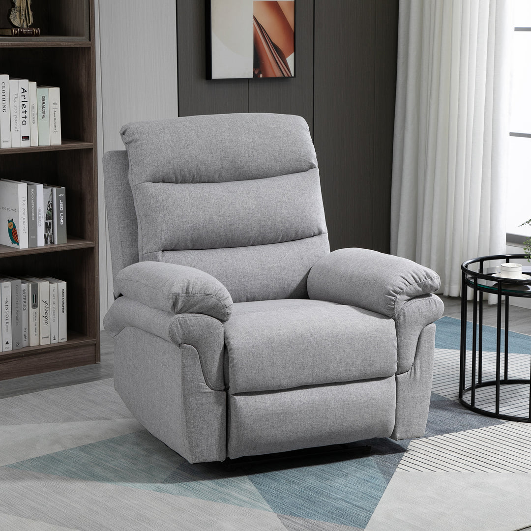 Afslapningsstol med lænefunktion, enkeltsofa, justerbar lænestol, 165° vipning, lænestol, tv-stol til stue, soveværelse, linned touch, lysegrå, 91 x 92 x 102 cm
