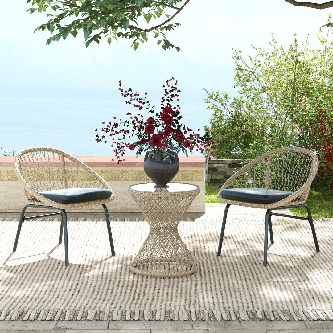 Sofabord/sidebord, boho design, glasplade, PE-rattan, 45 cm x 45 cm x 52 cm, natur