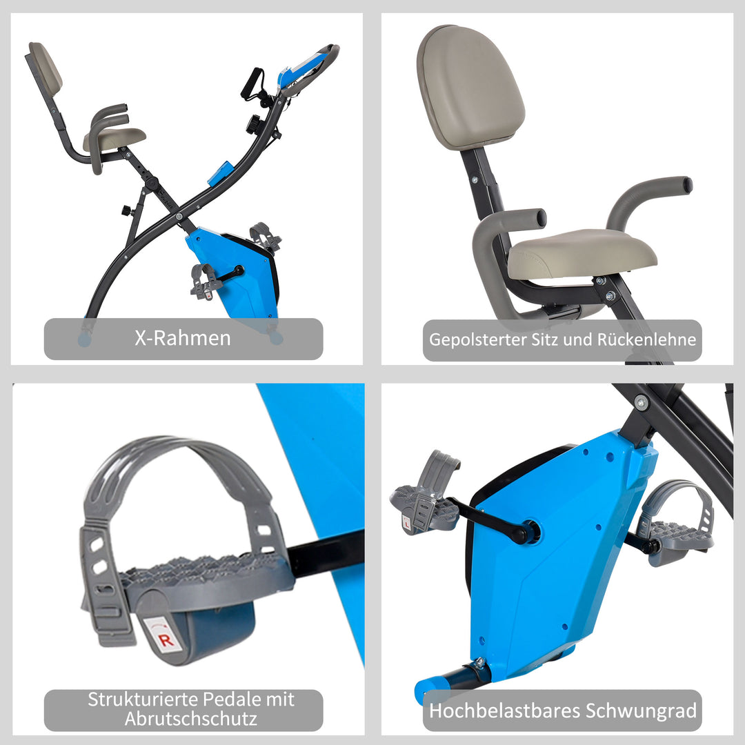 2-i-1 motionscykel med LCD-display, justerbar pulsmåler, sæde og hjul; foldbar motionscykel med 8 niveauer af magnetisk modstand, spændekabel og stålstel.