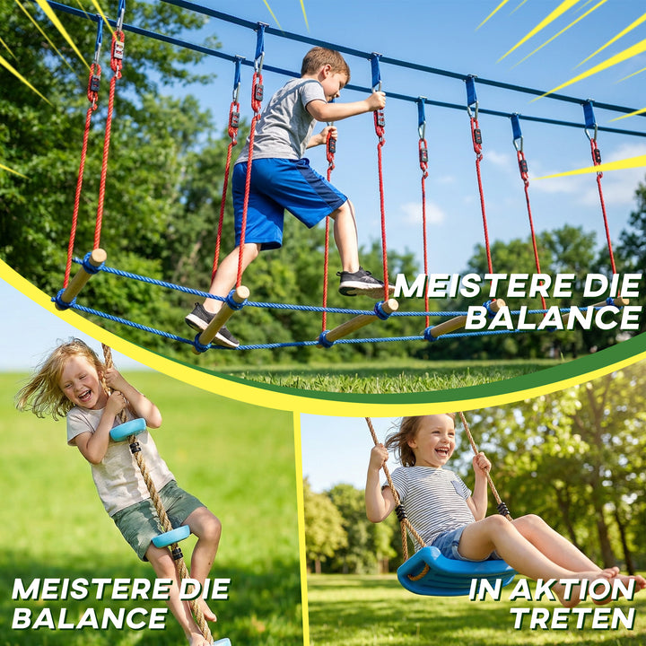 Ninja Line Kids 24m Slackline-sæt med gymnastikringe, 7 forhindringer, klatrestang og balancebro til alderen 3-6