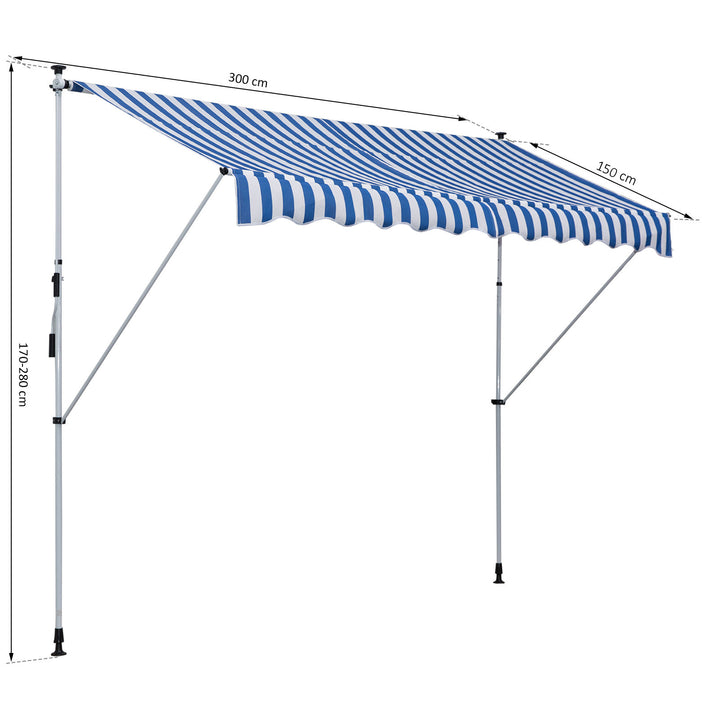 Klemmemarkise med håndsving, højdejusterbar, leddelt armmarkise, smudsafvisende, vejrbestandig, balkonmarkise, 150 cm bred, terrassemarkise til terrasse, altan, veranda, blå og hvid