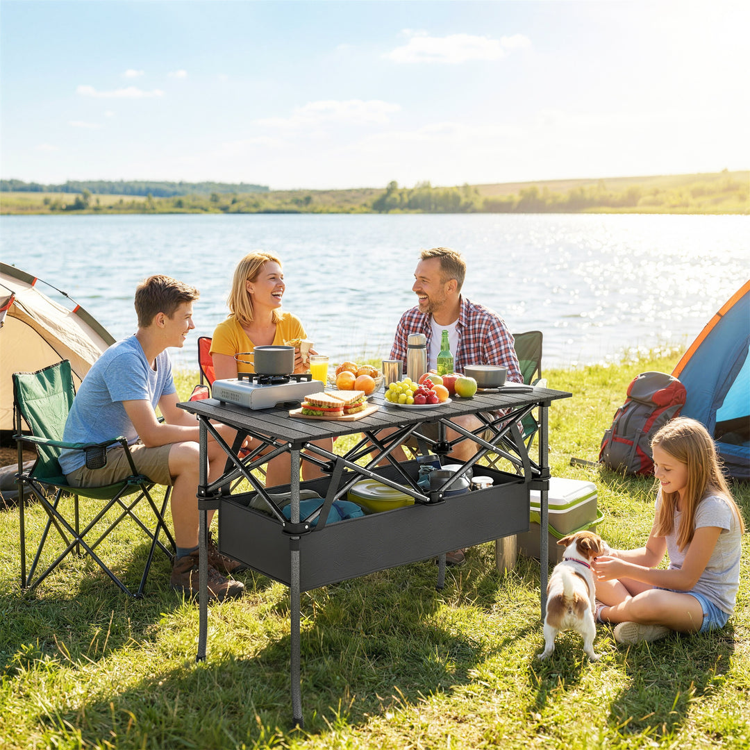 Sammenklappeligt og rulleligt picnicbord, bærbart campingbord med nethylde og bæretaske til udendørs brug, sort