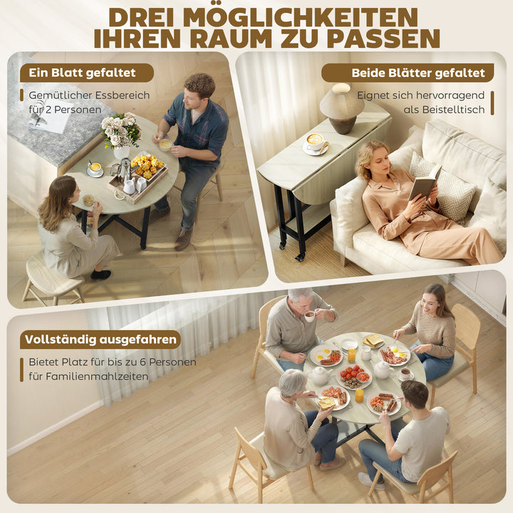 Klapbord, bord med klapfunktion og åben hylde, rullebord til spisestue, små rum, natur