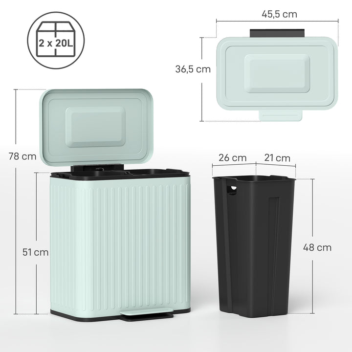 Køkkenaffaldsspand, 2 x 20 L rum, effektiv affaldssortering, fodpedal, plast, metal, grøn