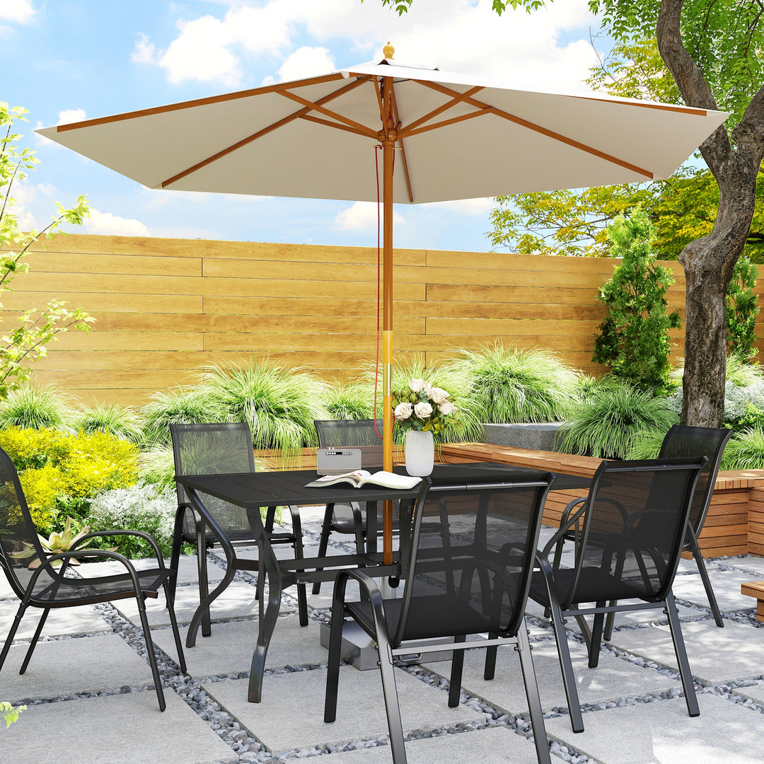 Havebord stål 150x90 cm vejrbestandigt balkonbord med parasolhul, lameldesign til 6 personer sort