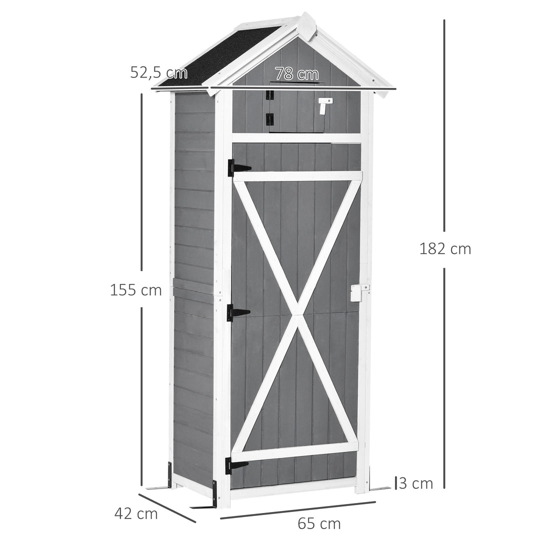 Træskur, vejrbestandigt redskabsskur 78x52,5x182cm, redskabsskur med dør, gavltag, redskabsskab med kroge, foldbart bord, redskabsskab haveskur til have, terrasse, grå