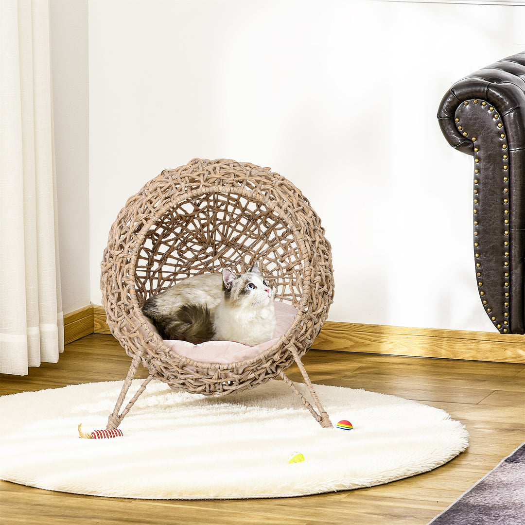 Rattan kattehus med hynde, katteseng, kattehule med hævede fødder, naturlig, Ø52 x 58 cm