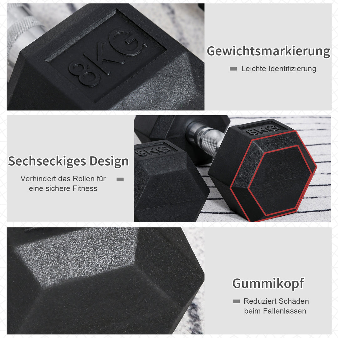Sekskantet håndvægt, støbejernshåndvægt, gummihåndtag, riflet, vægte, metal og gummi, sort, 2 x 8 kg