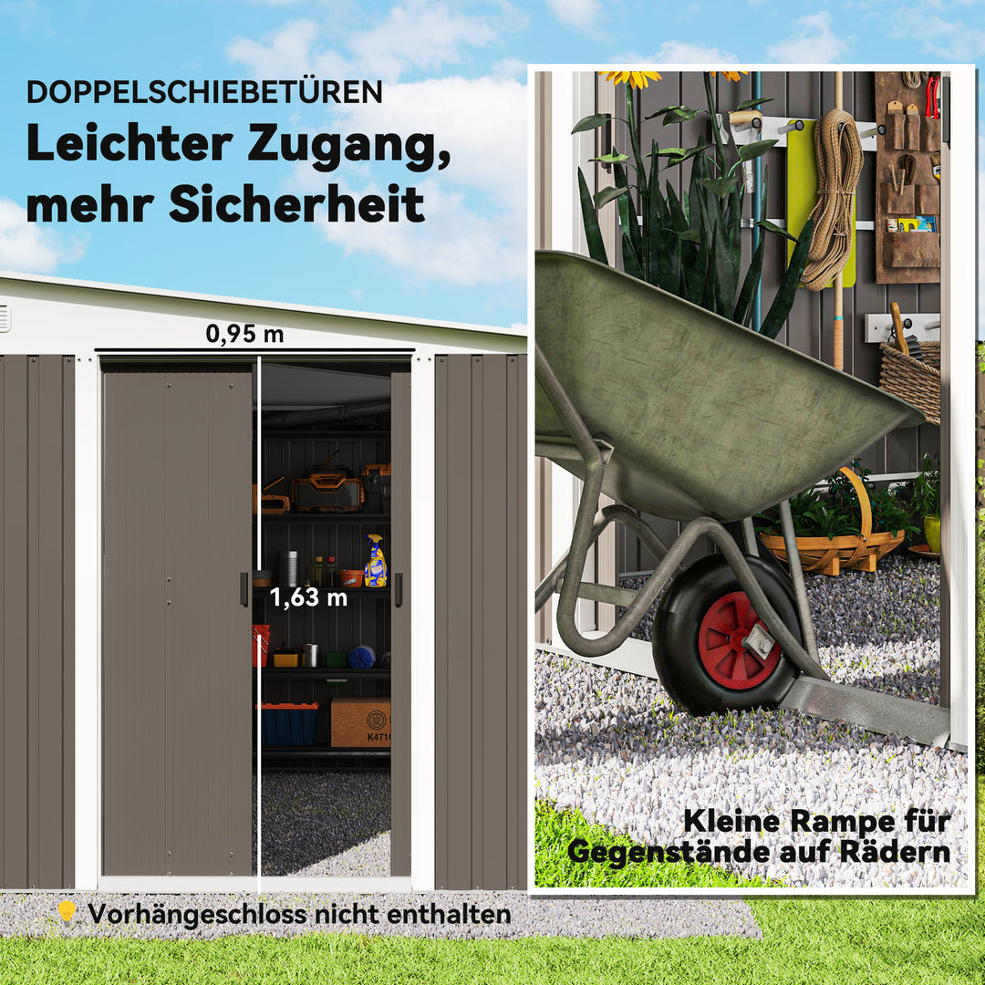 Metalværktøjsskur med skråtag, aflåselig dobbeltdør, 2,8 x 3,45 x 2,01 m, grå