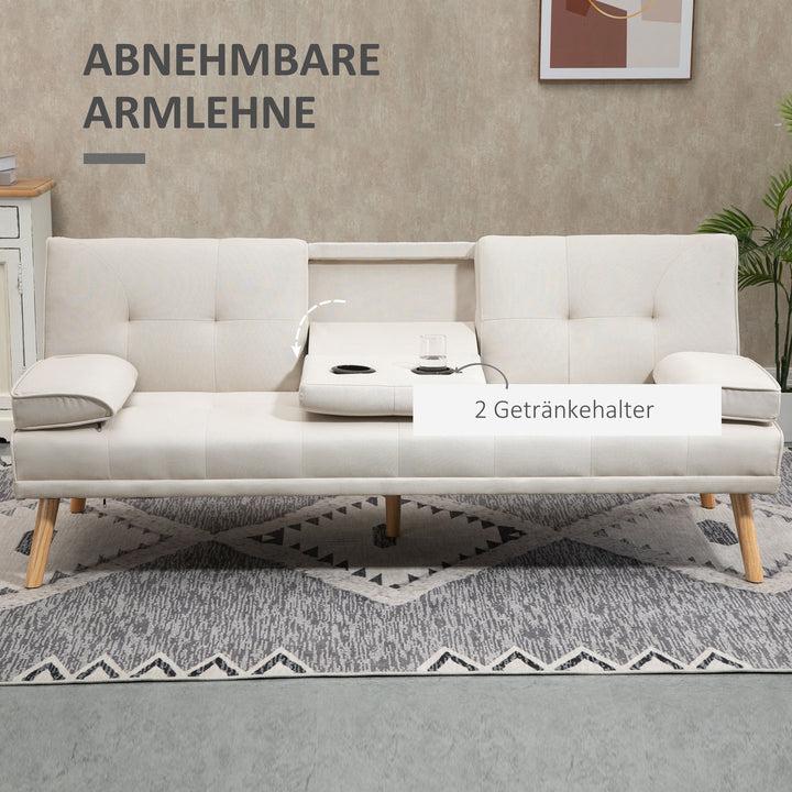 3-Personers sovesofa, ryglæn med justerbart lænestol og klapbord, to armlæn, linnedlook, beige, 181 x 77 x 78 cm