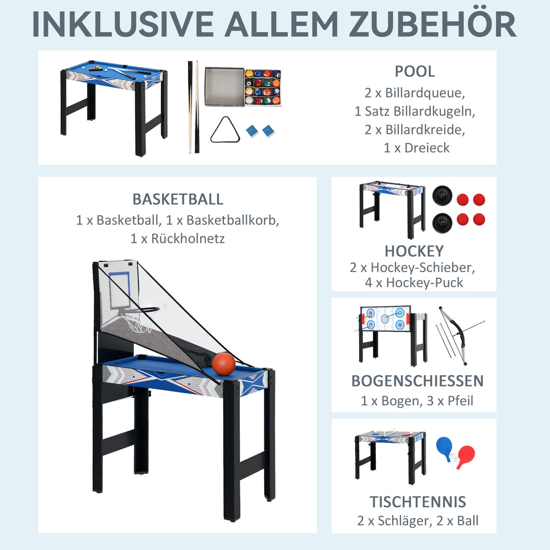 Sportnow 5-i-1 spillebord, billard, bordtennis, hockey, basketball, bueskydning, tilbehør inkluderet, mdf, plastik, blå