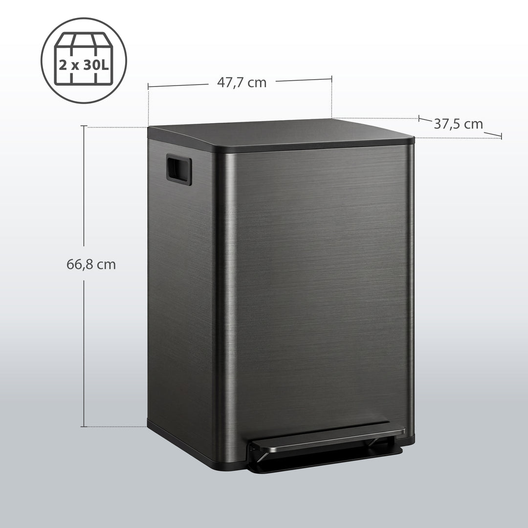 Skraldespand med 2 x 30L rum, soft-close låg, fingeraftrykssikker, rustfrit stål, sort