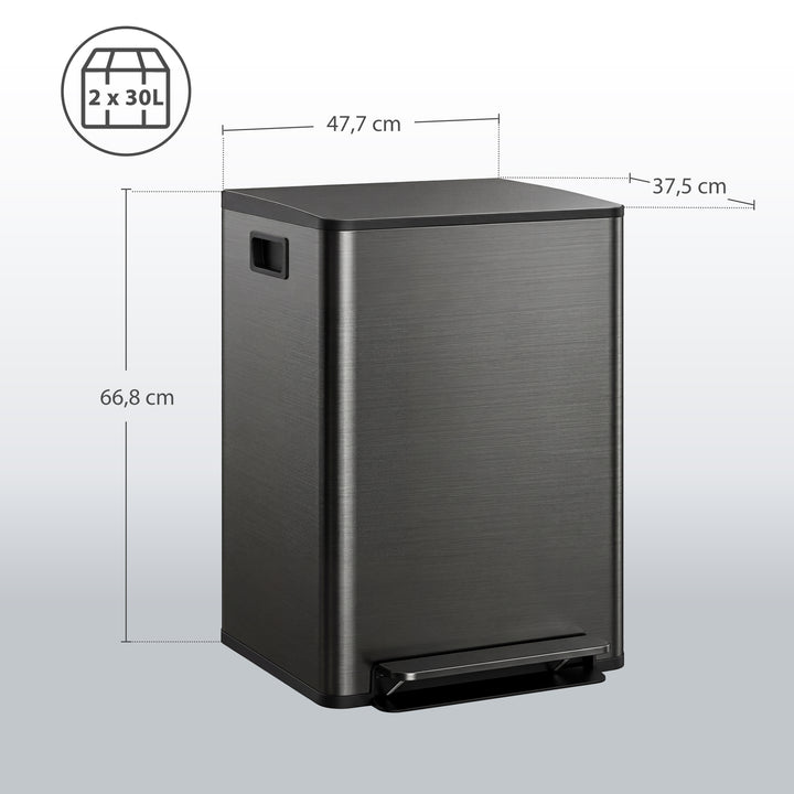 Skraldespand med 2 x 30L rum, soft-close låg, fingeraftrykssikker, rustfrit stål, sort
