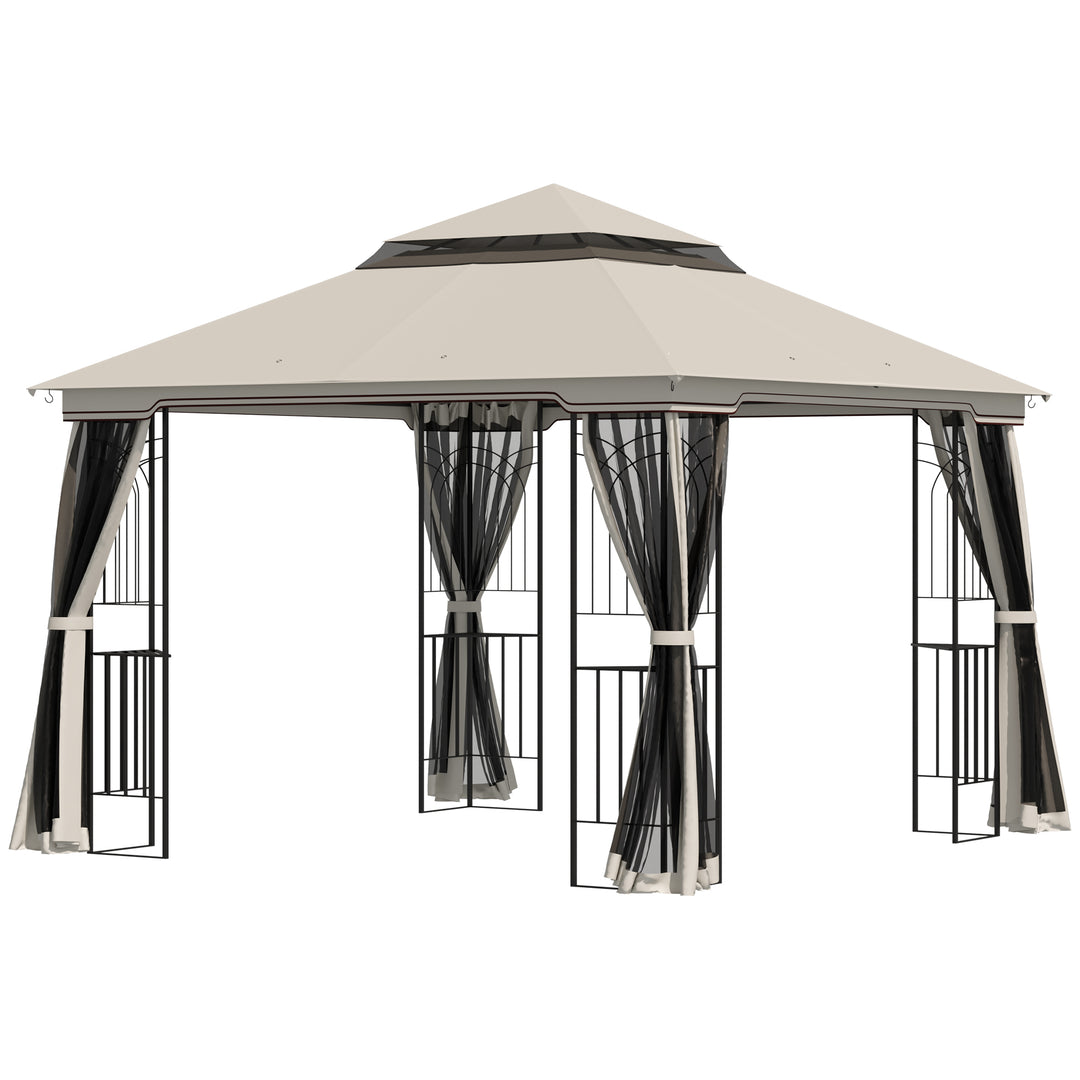 Havepavillon med dobbelttag, pavillon, havetelt, partytelt med 4 sidevægge, metal+polyester, beige, 2,99 x 2,99 x 2,74 m