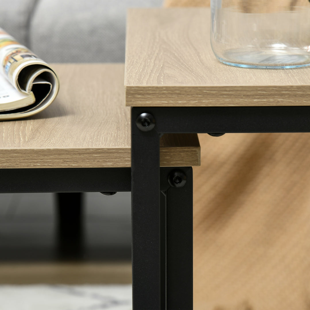 Indskudsbord sæt med 3 sideborde, industridesign, sort stålstel, bordplade i trælook