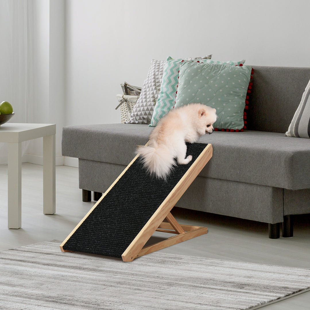 Dyrerampe med skridsikkert tæppe, justerbar dyrestige, hundelarampe til store hunde, fyrretræ, polyester, sort + naturtræ, 90B x 40D x 61H cm