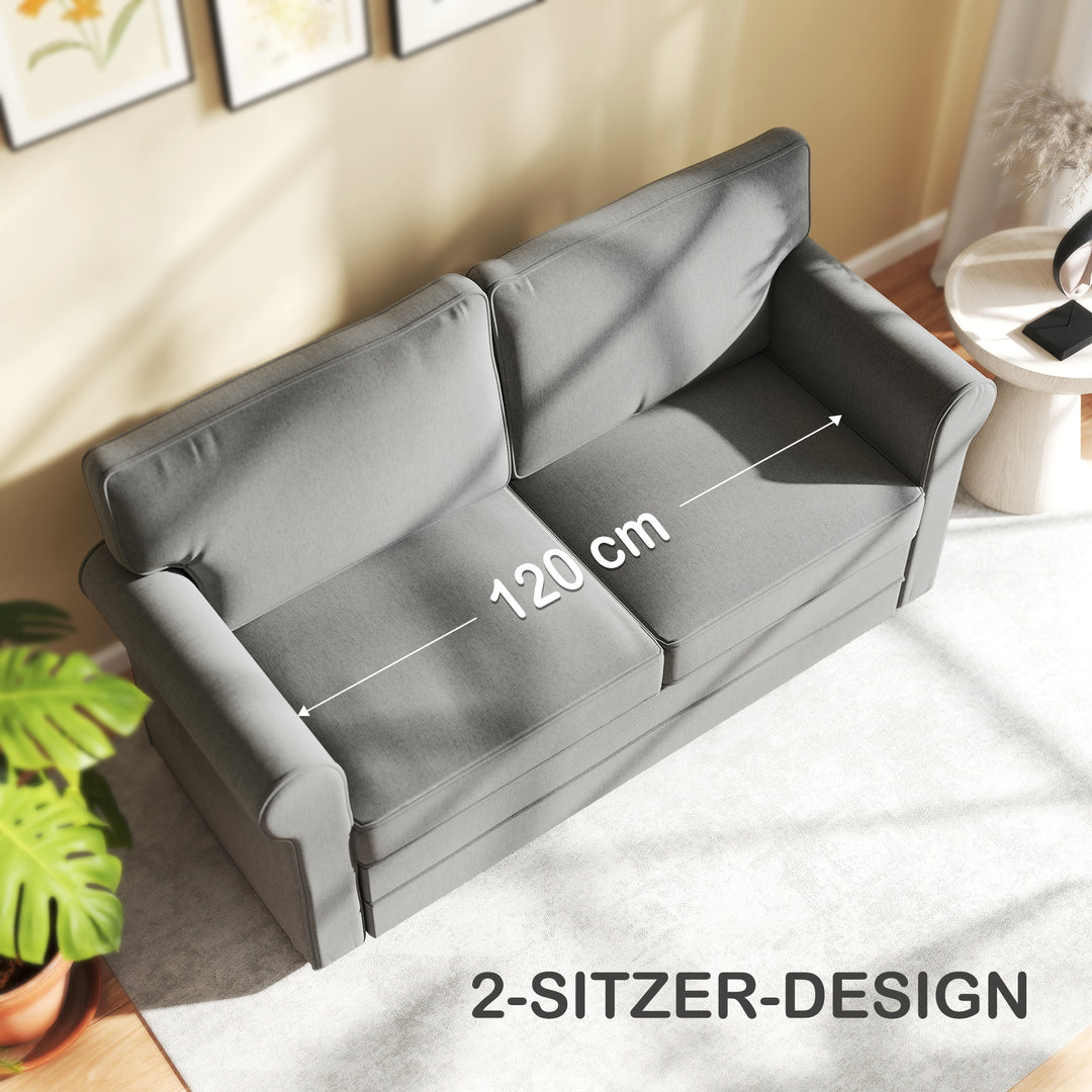 2-Personers sofa, kompakt stuesofa, stof med hørlook, bløde sædehynder, stålstel, mørkegrå