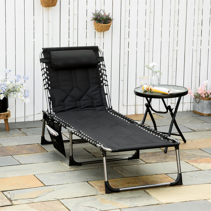 Sammenklappelig liggestol, havestol med hynde, justerbar ryglæn med 5 positioner, stålstel, Oxford-stof, sort, 188 x 57 x 30 cm
