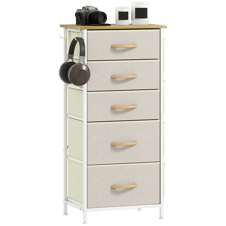 Kommode med 5 skuffer i fiberdug med kroge, beige
