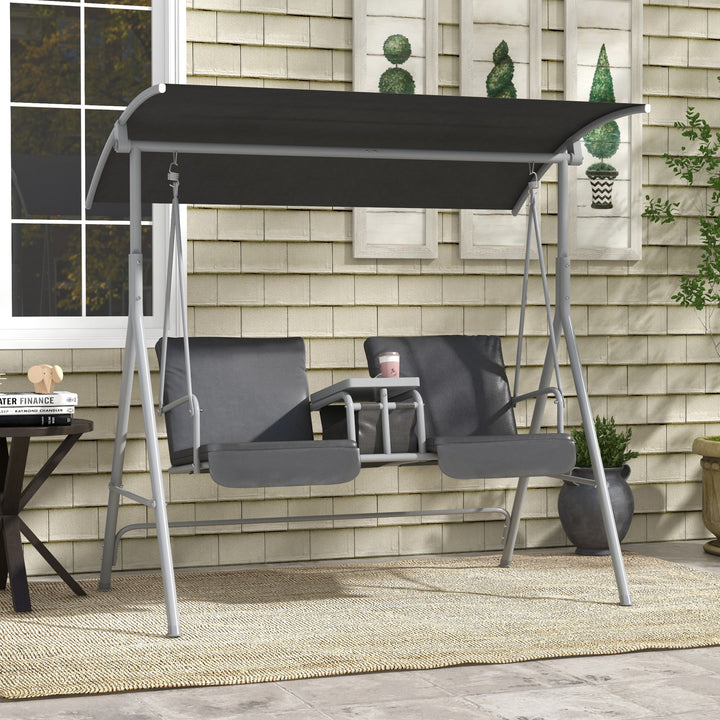 2-Personers verandagynge med baldakin og bord, metalstel, op til 180 kg, 175 x 110 x 165 cm, sort