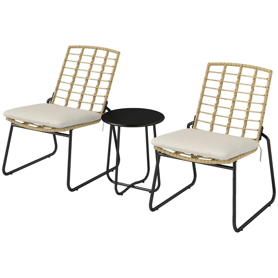 3-delt havemøbelsæt, 2 rattanstole, 1 bord med metalplade, sædehynder, bistrosæt, beige og brun