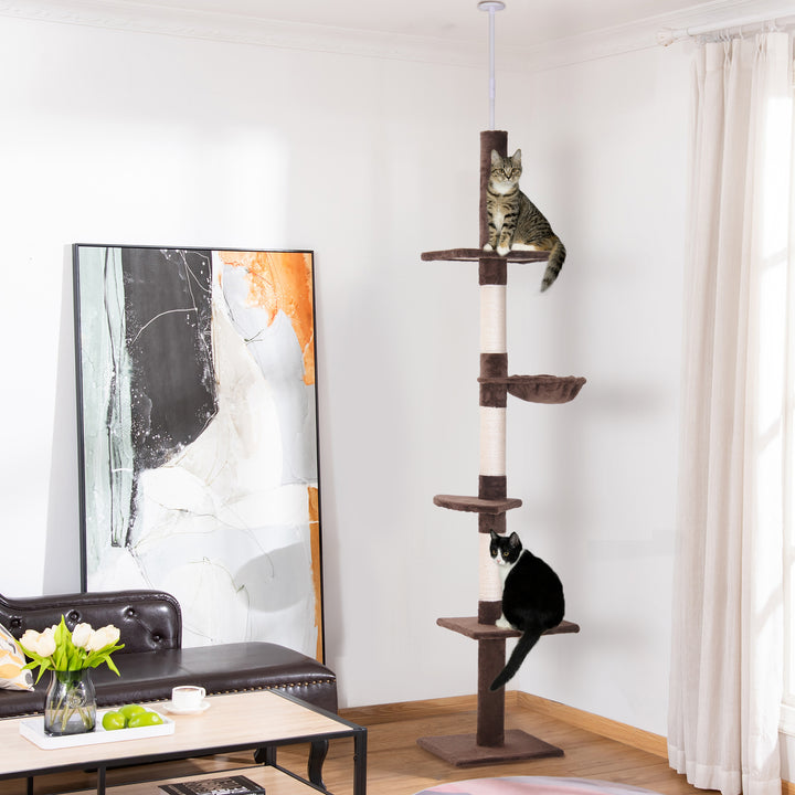 Kradsetræ med loftshøjdejusterbar, robust kradsetræ med sisalstolper, klatretræ til katte, brunt, 40 x 34 x 230-260 cm