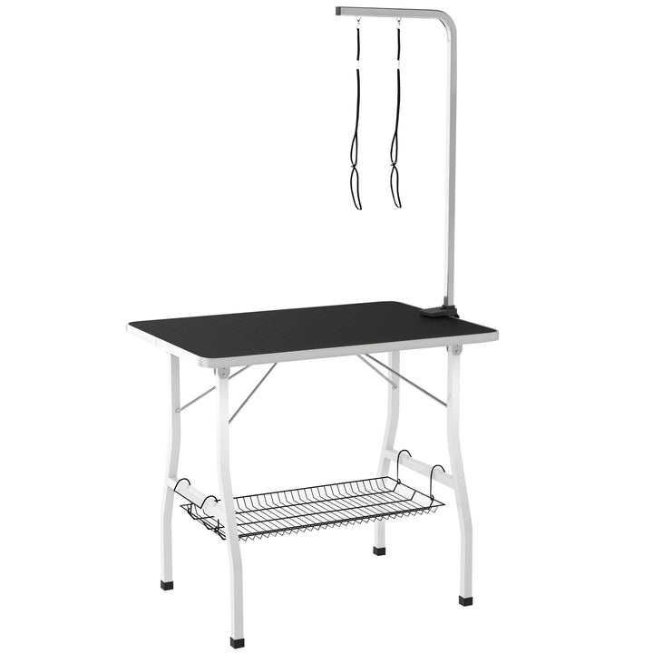 Hundetrimmebord med justerbar arm og opbevaringsrum, gummioverflade, 90 x 60 x 76 cm, sort