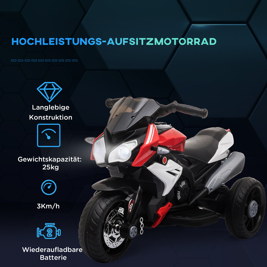Elektrisk børnemotorcykel, lys og lyd, 3 km/t, genopladelig, plast og metal, sort/rød