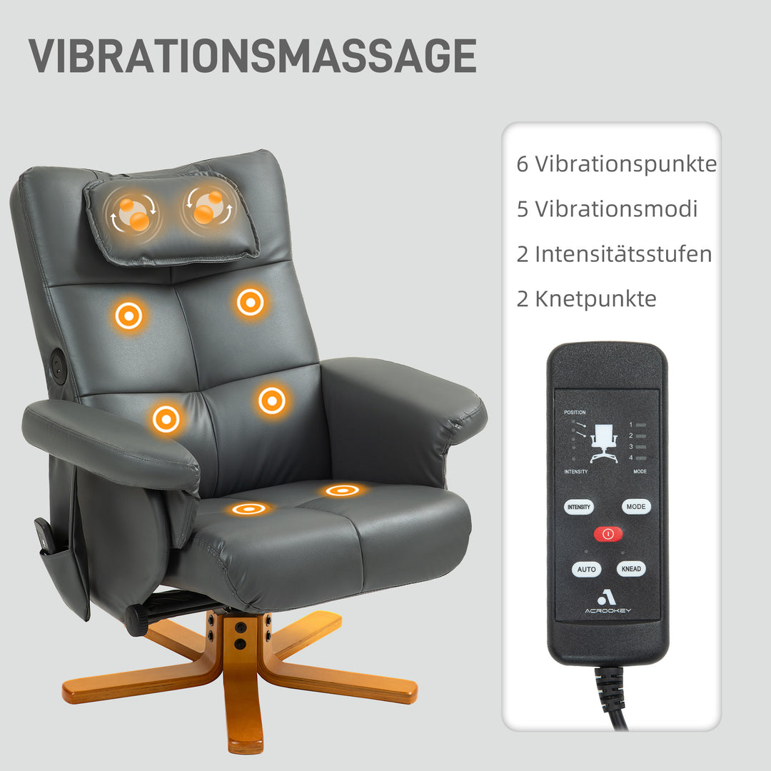 /Massagestol med fodstøtte, justerbar ryglæn, usb-opladeport, læderlook, op til 150 kg, mørkegrå