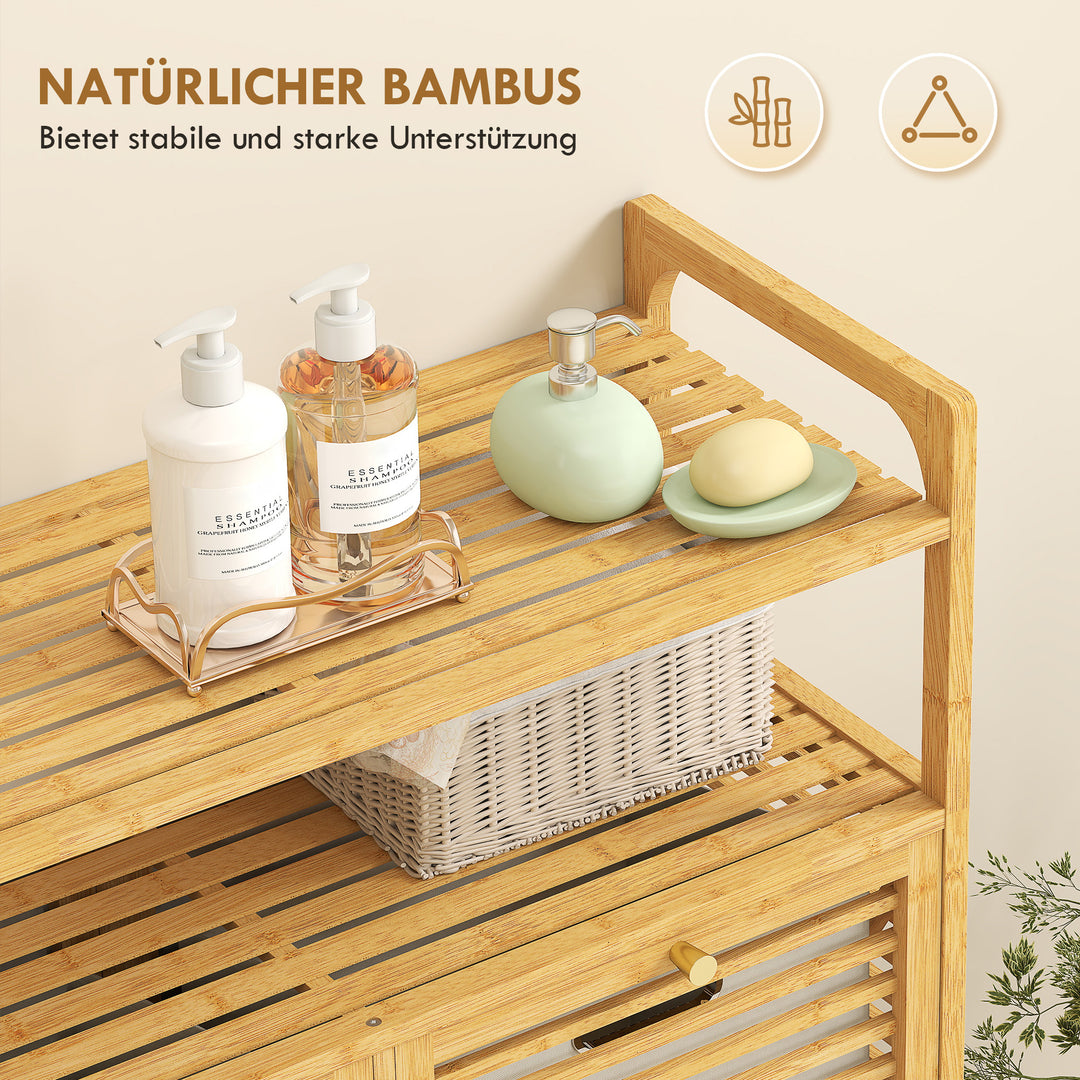 Vasketøjsstativ med 2 vasketøjskurve, fritstående bambushylde til badeværelse, vaskerum, naturtræ + cremehvid