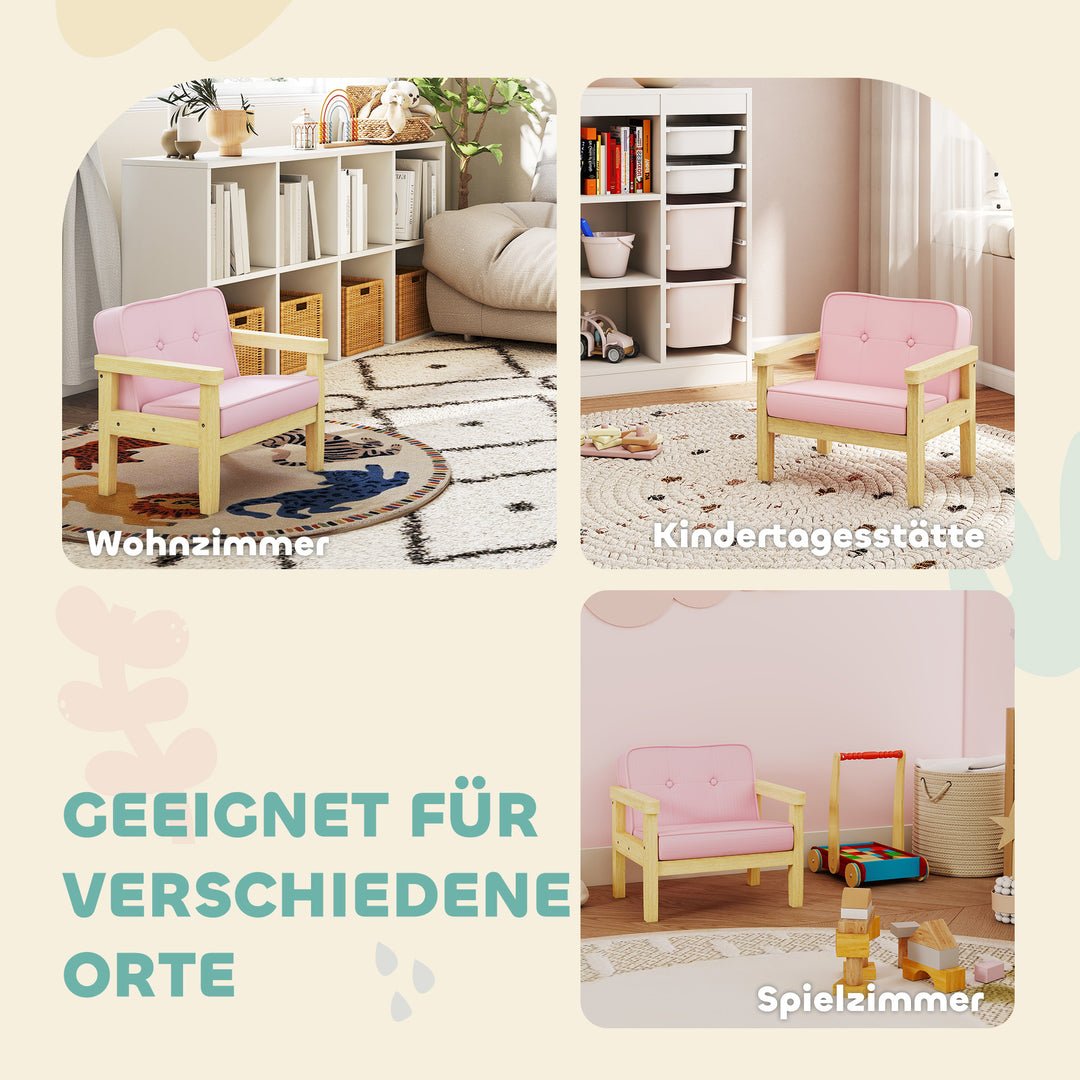 Børnelænestol/sofa med fløjlslook, ben i massivt træ, skumhynde, børnestol til børneværelse/legerum, 46,5 x 44 x 45 cm, til børn 3-8 år, pink
