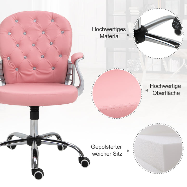 Kontorstol, ergonomisk skrivebordsstol med armlæn, polstret ryglæn, højdejusterbar computerstol med kunstlæderlook, drejestol til hjemmekontor, lyserød