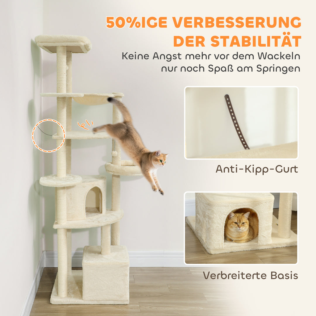 2 meter højt kradsetræ, stort til 2-3 katte, kradsetræer, huler, hængekøje, skjulesteder, design i flere niveauer, sisal, træ, plys, beige
