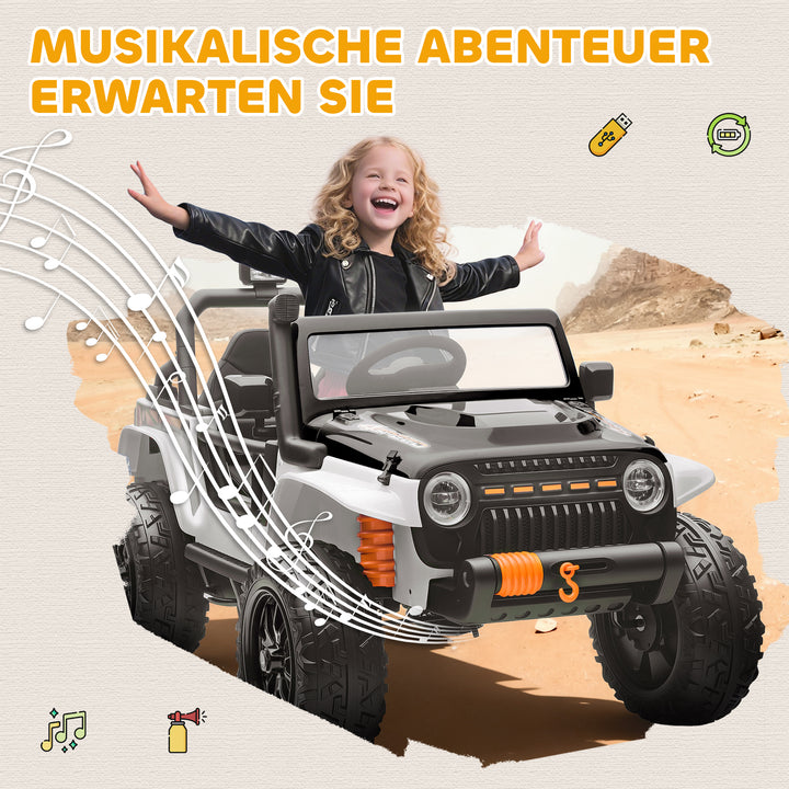 Elektrisk børnekøretøj, 12V batteri, med forældre-barnsæde, fjernbetjent, musik, horn, LED-lys, alder 3-8, hvid