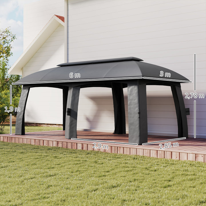 Pavillon, partytelt, med myggenet, læhegn, op til 15 personer, mørkegrå, 3 x 6 x 3 m