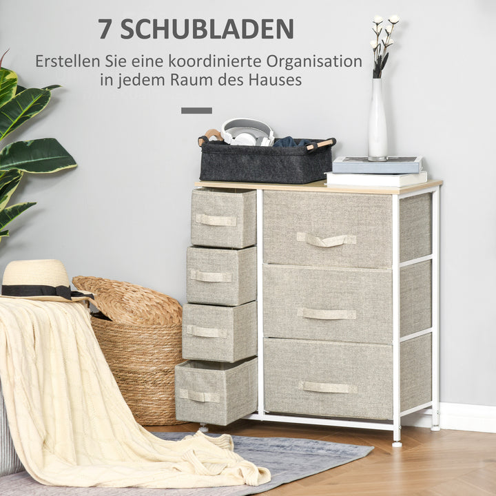 Kommode, skænk, 7 foldbare stoffskuffer, metalramme, 63,5 x 30 x 71 cm, lysegrå