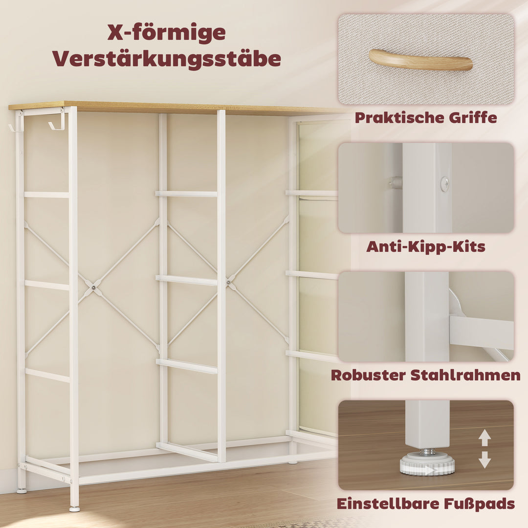 Kommode til soveværelset med 8 stofskuffer, stålstøtter, træfinish, 4 opbevaringslommer, 2 kroge, beige