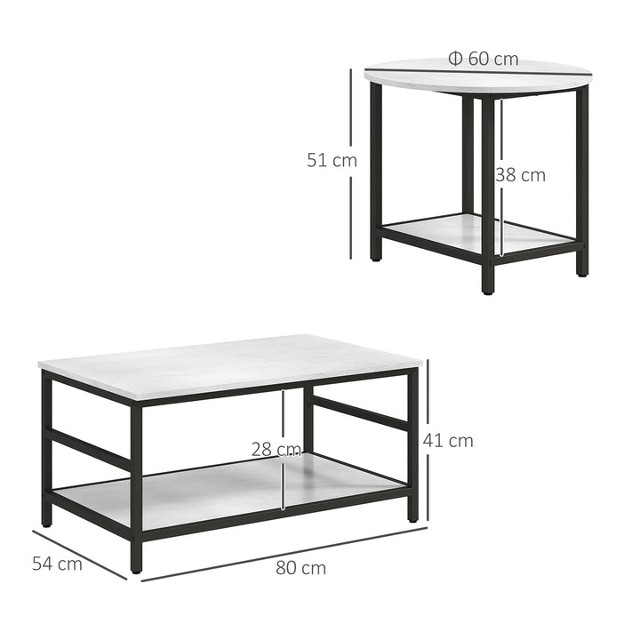 Sofabordsæt, 2 sideborde, marmorlook, justerbare fødder, stål, sort/hvid