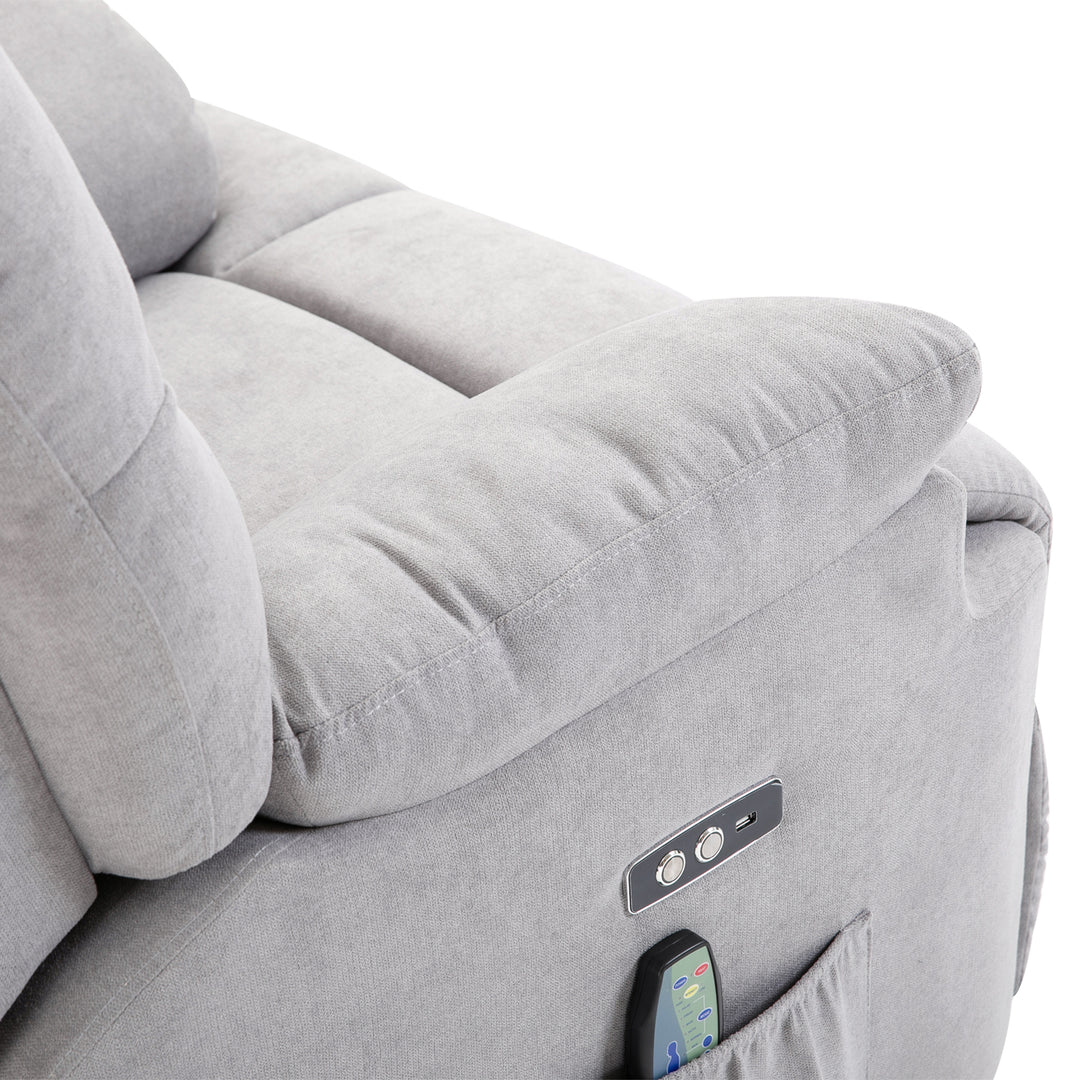 Lænestol med løftehjælp, massagestol, lænestol med USB-port, TV-stol med fjernbetjening, sidelomme, TV-lænestol med fløjlslook, grå