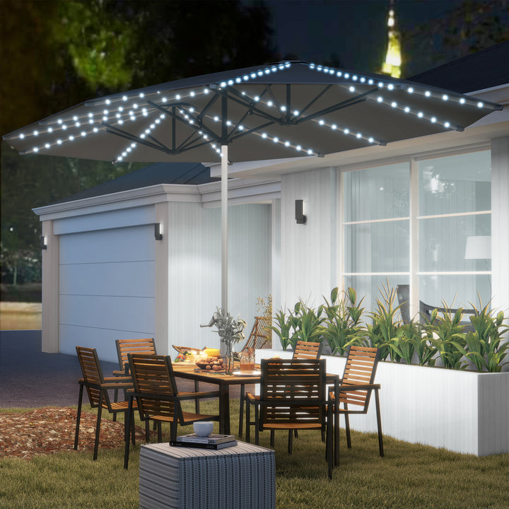 Dobbeltparasol med solcellelys, aluminium, polyester, upf 50+ beskyttelse, uv-resistent, terrasseparasol, mørkegrå